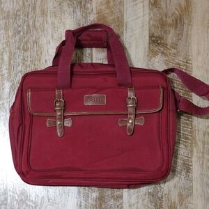 Red Laptop Bag with Adjustable Strap and Brown Leather Accents